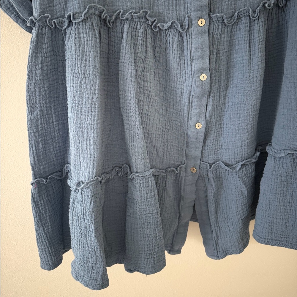 AURA linen tiered blue cotton button down mini dress size large - Picture 3 of 9